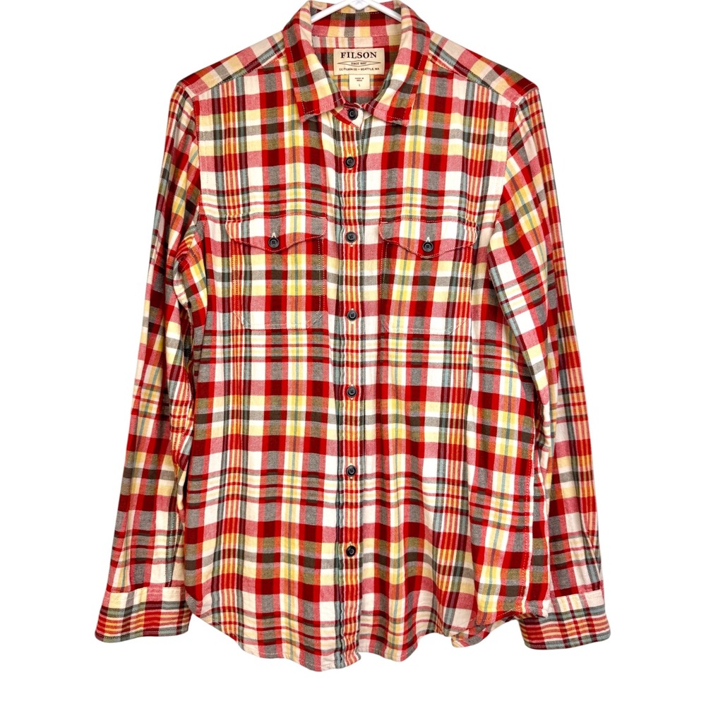 Filson Scout Red Yellow Blue Plaid Cotton Flannel Button Down Shirt Large L
